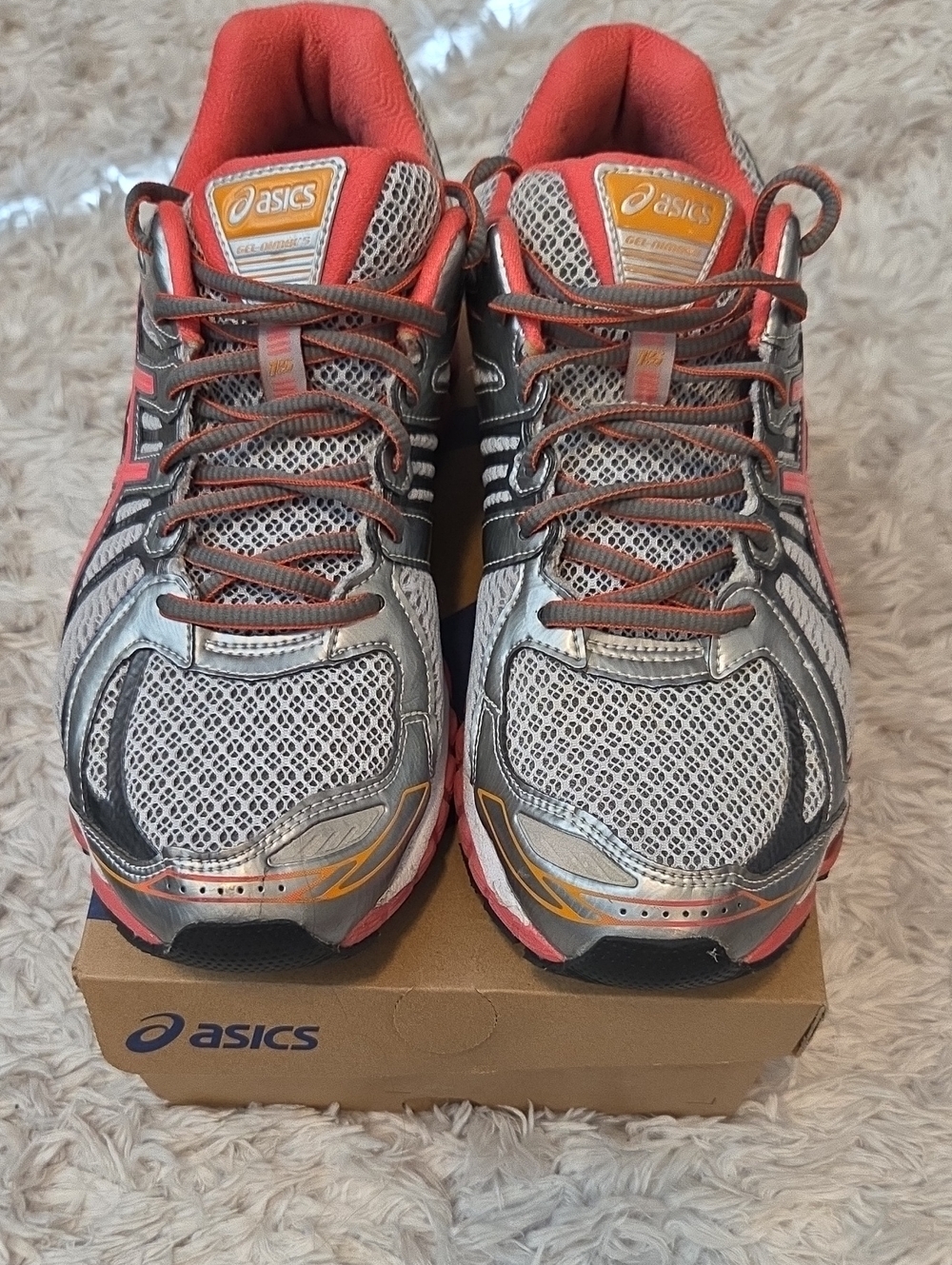 Asics Silver Mesh Running Shoes with Coral and Yellow Accents